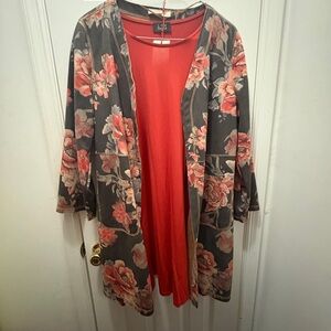 Solitaire 2 piece set with Orange Long Sleeve top and Floral Open Front Jacket